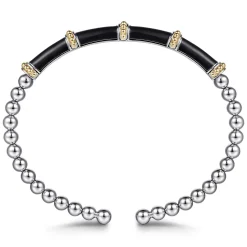 Hot Gabriel & Co. 14K Yellow Gold and 925 Sterling Silver Bujukan and Bar Split Bangle Bracelet with Black Enamel
