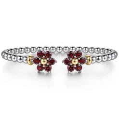 New Gabriel & Co. 14K Yellow Gold and 925 Sterling Silver Garnet Flower Bangle Bracelet