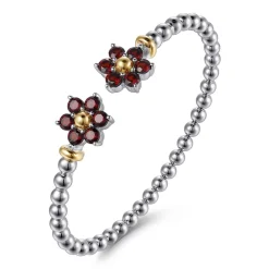 New Gabriel & Co. 14K Yellow Gold and 925 Sterling Silver Garnet Flower Bangle Bracelet