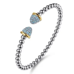 Gabriel & Co. 14K Yellow Gold and 925 Sterling Silver Bujukan Pave Blue Topaz Bullet Split Bangle Bracelet