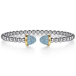 Gabriel & Co. 14K Yellow Gold and 925 Sterling Silver Bujukan Pave Blue Topaz Bullet Split Bangle Bracelet