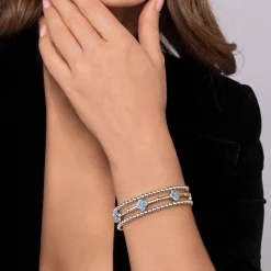 Hot Gabriel & Co. 14K Yellow Gold and 925 Sterling Silver Bujukan Beads and Blue Topaz Clover Split Bangle Bracelet