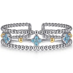 Hot Gabriel & Co. 14K Yellow Gold and 925 Sterling Silver Bujukan Beads and Blue Topaz Clover Split Bangle Bracelet