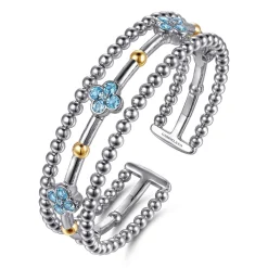 Hot Gabriel & Co. 14K Yellow Gold and 925 Sterling Silver Bujukan Beads and Blue Topaz Clover Split Bangle Bracelet