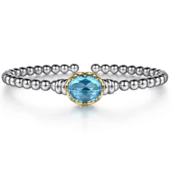 Clearance Gabriel & Co. 14K Yellow Gold and 925 Sterling Silver Oval Blue Topaz Bujukan Open Bangle Bracelet