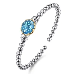 Clearance Gabriel & Co. 14K Yellow Gold and 925 Sterling Silver Oval Blue Topaz Bujukan Open Bangle Bracelet