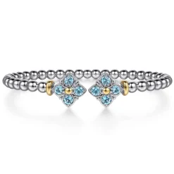 Online Gabriel & Co. 14K Yellow Gold and 925 Sterling Silver Bujukan Blue Topaz Clovers Bangle Bracelet