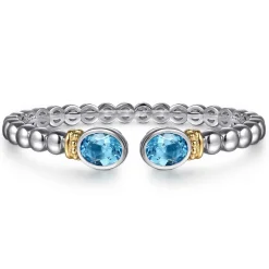 Online Gabriel & Co. 14K Yellow Gold and 925 Sterling Silver Bujukan Blue Topaz Open Bangle Bracelet