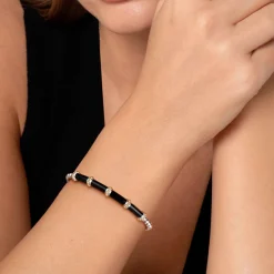 Outlet Gabriel & Co. 14K Yellow Gold and 925 Sterling Silver Bujukan and Bar Split Bangle Bracelet with Black Enamel