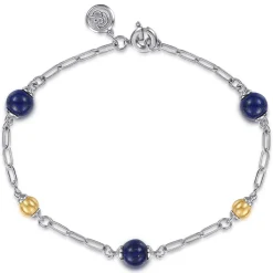 New Gabriel & Co. 14K Yellow Gold and 925 Sterling Silver Brush Bujukan Beads and Lapis Station Bracelet
