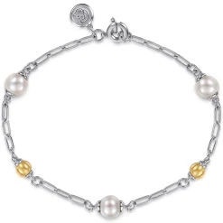 New Gabriel & Co. 14K Yellow Gold and 925 Sterling Silver Brush Bujukan Beads and Pearl Station Bracelet