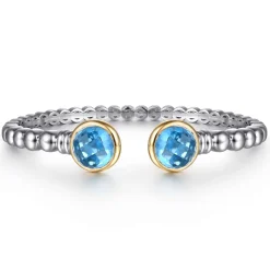 Clearance Gabriel & Co. 14K Yellow Gold and 925 Sterling Silver Bujukan Round Blue Topaz Bangle Bracelet