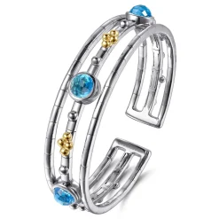 Discount Gabriel & Co. 14K Yellow Gold and 925 Sterling Silver Bujukan Round Blue Topaz Cuff Bangle Bracelet
