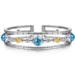 Discount Gabriel & Co. 14K Yellow Gold and 925 Sterling Silver Bujukan Round Blue Topaz Cuff Bangle Bracelet