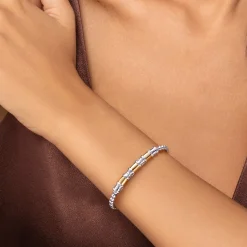 Discount Gabriel & Co. 14K Yellow Gold and 925 Sterling Silver Bujukan Beaded Diamond Cut Station Cuff Bangle Bracelet