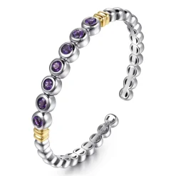 Gabriel & Co. 14K Yellow Gold and 925 Sterling Silver Bujukan Round Amethyst Bangle