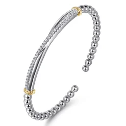 Discount Gabriel & Co. 14K Yellow Gold and 925 Sterling Silver Bujukan Beaded White Sapphire Cuff Bangle Bracelet