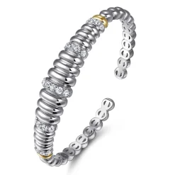 Best Gabriel & Co. 14K Yellow Gold and 925 Sterling Silver Bujukan White Sapphire Scallop Open Bangle Bracelet