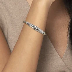 Best Gabriel & Co. 14K Yellow Gold and 925 Sterling Silver Bujukan White Sapphire Scallop Open Bangle Bracelet