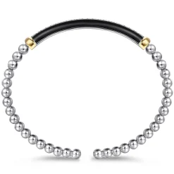 New Gabriel & Co. 14K Yellow Gold and 925 Sterling Silver Bujukan White Sapphire Bangle with Black Enamel