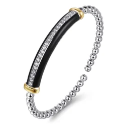 New Gabriel & Co. 14K Yellow Gold and 925 Sterling Silver Bujukan White Sapphire Bangle with Black Enamel