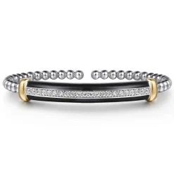 New Gabriel & Co. 14K Yellow Gold and 925 Sterling Silver Bujukan White Sapphire Bangle with Black Enamel