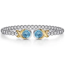 Discount Gabriel & Co. 14K Yellow Gold and 925 Sterling Silver Round Shape Blue Topaz Bujukan Bangle