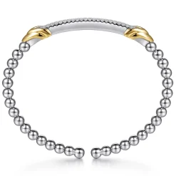Gabriel & Co. 14K Yellow Gold and 925 Sterling Silver Bujukan Beaded White Sapphire Cuff Bangle Bracelet