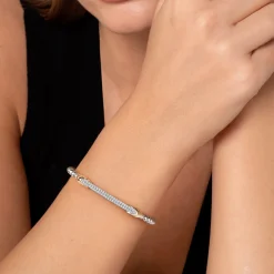 Gabriel & Co. 14K Yellow Gold and 925 Sterling Silver Bujukan Beaded White Sapphire Cuff Bangle Bracelet