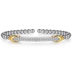 Gabriel & Co. 14K Yellow Gold and 925 Sterling Silver Bujukan Beaded White Sapphire Cuff Bangle Bracelet