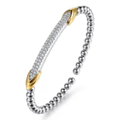 Gabriel & Co. 14K Yellow Gold and 925 Sterling Silver Bujukan Beaded White Sapphire Cuff Bangle Bracelet