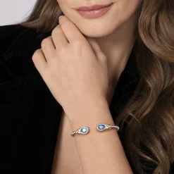 Best Gabriel & Co. 14K Yellow Gold and 925 Sterling Silver Pear Shape Blue Topaz Bujukan Bangle