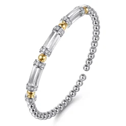 Clearance Gabriel & Co. 14K Yellow Gold and 925 Sterling Silver Bujukan Beaded White Sapphire Cuff Bangle Bracelet
