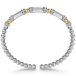 Clearance Gabriel & Co. 14K Yellow Gold and 925 Sterling Silver Bujukan Beaded White Sapphire Cuff Bangle Bracelet