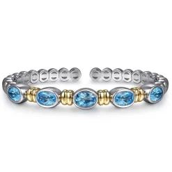 Hot Gabriel & Co. 14K Yellow Gold and 925 Sterling Silver Bujukan Blue Topaz Open Bangle Bracelet