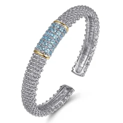 Discount Gabriel & Co. 14K Yellow Gold and 925 Sterling Silver Bujukan Bangle with Pave Blue Topaz