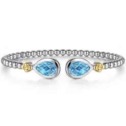 Gabriel & Co. 14K Yellow Gold and 925 Sterling Silver Bujukan Pear Blue Topaz Bangle