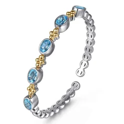 Clearance Gabriel & Co. 14K Yellow Gold and 925 Sterling Silver Bujukan Blue Topaz Open Bangle Bracelet