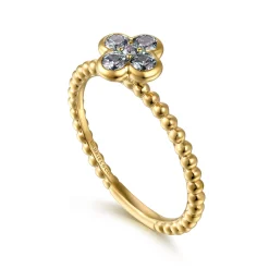 Discount Gabriel & Co. 14K Yellow Gold Blue Manmade Alexandrite Cluster Clover and Bujukan Bead Stackable Ring