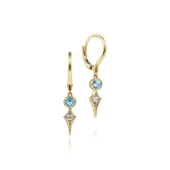Best Gabriel & Co. 14K Yellow Gold Blue Topaz and Spiked Diamond Kite Drop Earrings