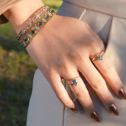 Best Gabriel & Co. 14K Yellow Gold Blue Topaz Cluster Clover and Bujukan Bead Stackable Ring