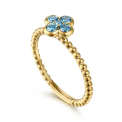 Best Gabriel & Co. 14K Yellow Gold Blue Topaz Cluster Clover and Bujukan Bead Stackable Ring