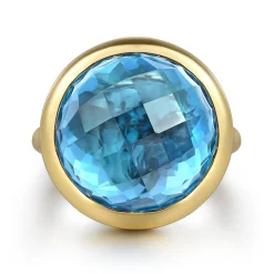 Gabriel & Co. 14K Yellow Gold Blue Topaz Round Shape Ladies Ring With Flower Pattern J-Back