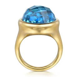 Gabriel & Co. 14K Yellow Gold Blue Topaz Round Shape Ladies Ring With Flower Pattern J-Back