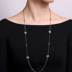 Gabriel & Co. 14K Yellow Gold Blue Topaz Round Shape Necklace With Four Stations Beads and Bezel Setting