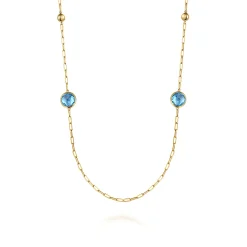 Gabriel & Co. 14K Yellow Gold Blue Topaz Round Shape Necklace With Four Stations Beads and Bezel Setting