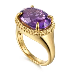 Best Gabriel & Co. 14K Yellow Gold Bujukan Amethyst Double Halo Signet Ring
