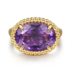 Best Gabriel & Co. 14K Yellow Gold Bujukan Amethyst Double Halo Signet Ring