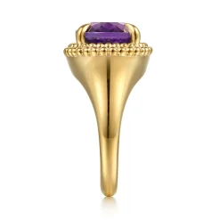 Best Gabriel & Co. 14K Yellow Gold Bujukan Amethyst Double Halo Signet Ring