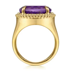 Best Gabriel & Co. 14K Yellow Gold Bujukan Amethyst Double Halo Signet Ring